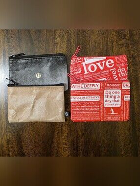 lululemon athletica Red Text Zip Card Holder & Black and Tan Pouches